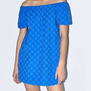 New Zara embroidered off-the-shoulder Eyelet short puff sleeve mini dress XS